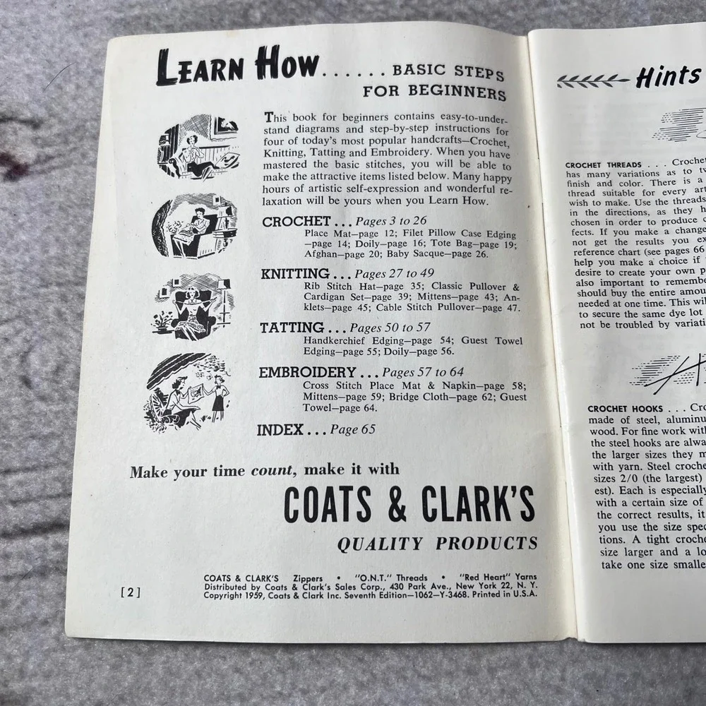 Learn How Book Vintage 1959 Knitting Crochet Tatting‎ Embroidery Craft
